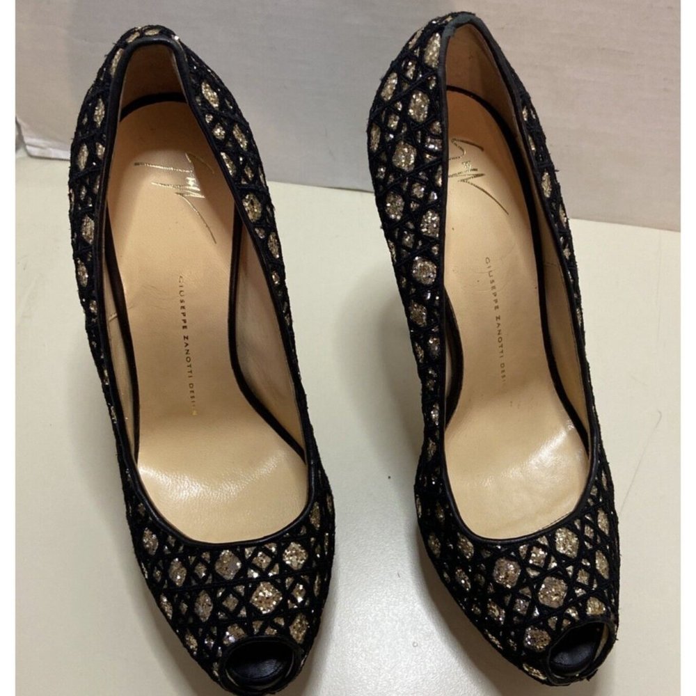Giuseppe Zanotti Black and Gold Leather Peep Toe Platform Pumps Size 40.5 - Picture 3 of 9
